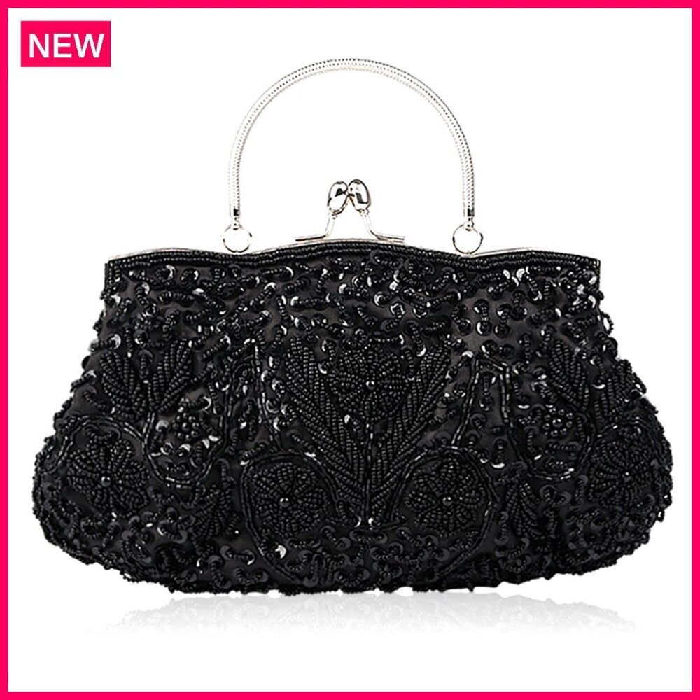 Large Beaded Sequin Flower Evening Clutch Bag with Detachable Wristlet